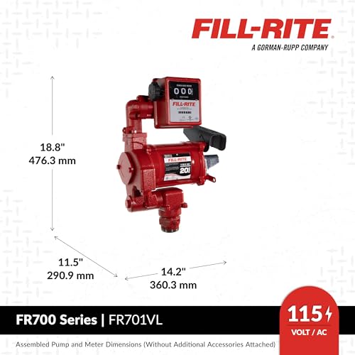 Fill-Rite FR701VL Bomba de transferencia de combustible 115V 75 LPM con paquete de medidor mecánico estándar, litros | Para gasolina, diésel, queroseno, mezclas de etanol, mezclas de metanol y biodiésel hasta B20