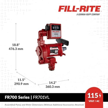 Fill-Rite FR701VL Bomba de transferencia de combustible 115V 75 LPM con paquete de medidor mecánico estándar, litros | Para gasolina, diésel, queroseno, mezclas de etanol, mezclas de metanol y biodiésel hasta B20
