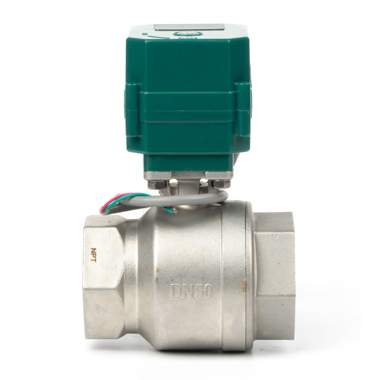 US SOLID Válvula de bola motorizada de 2" - Acero inoxidable, retorno automático de 2 cables, válvula de bola eléctrica de 9-24 V CA/CC con paso total, normalmente cerrada, certificada por NSF - NPT . SKU: JFMSV00408