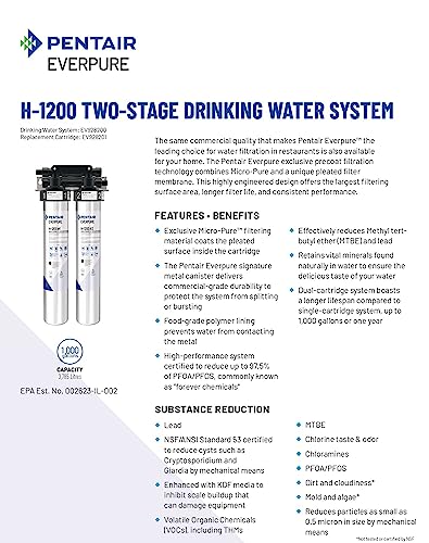 Pentair Everpure H-1200 - Juego de cartuchos de filtro de cambio rápido, EV928201, paquete doble de repuesto para uso en el sistema de agua potable Everpure H-1200, capacidad de 1000 galones, 0.5