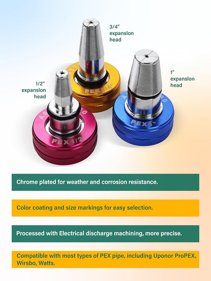 AMZCNC PEX - Kit de herramientas de expansión manual para tubos ASTM F1960 Kit de herramientas de expansión PEX estándar con cabezales de expansión de 1/2", 3/4" y 1" para tuberías PEX-a - Incluye