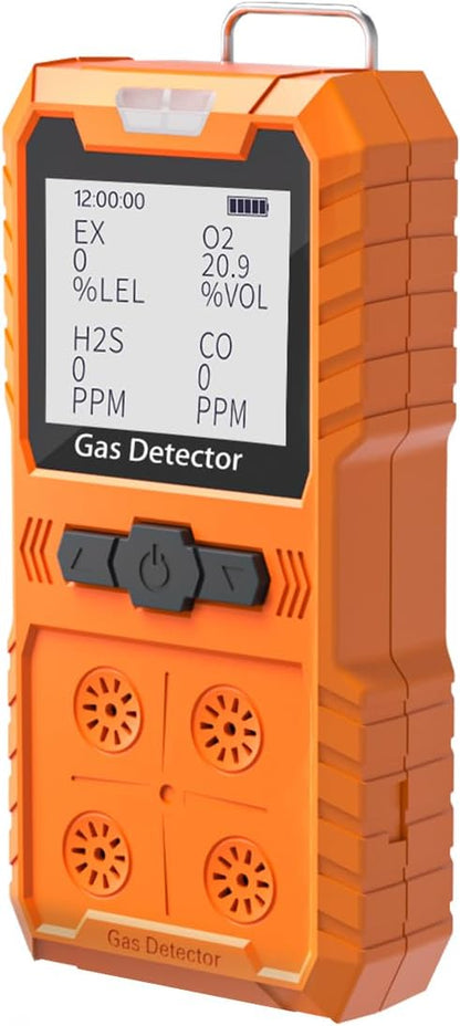 Detector de 4 gases, 4 monitores de gas portátil Detector de gas múltiple H2S, O2, CO y EX Pantalla LCD recargable Monitor H2s, sensor de calidad, medidor de gas de 13.1 ft (negro)
