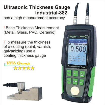 Medidor de espesor ultrasónico Industrial-882 / acero, metales, plástico, vidrio, PVC, medidor de espesor de tuberías, rango de 0.039 a 8.8 pulgadas, LCD de color HD de 2.4 pulgadas, calibración automática (todo el material)