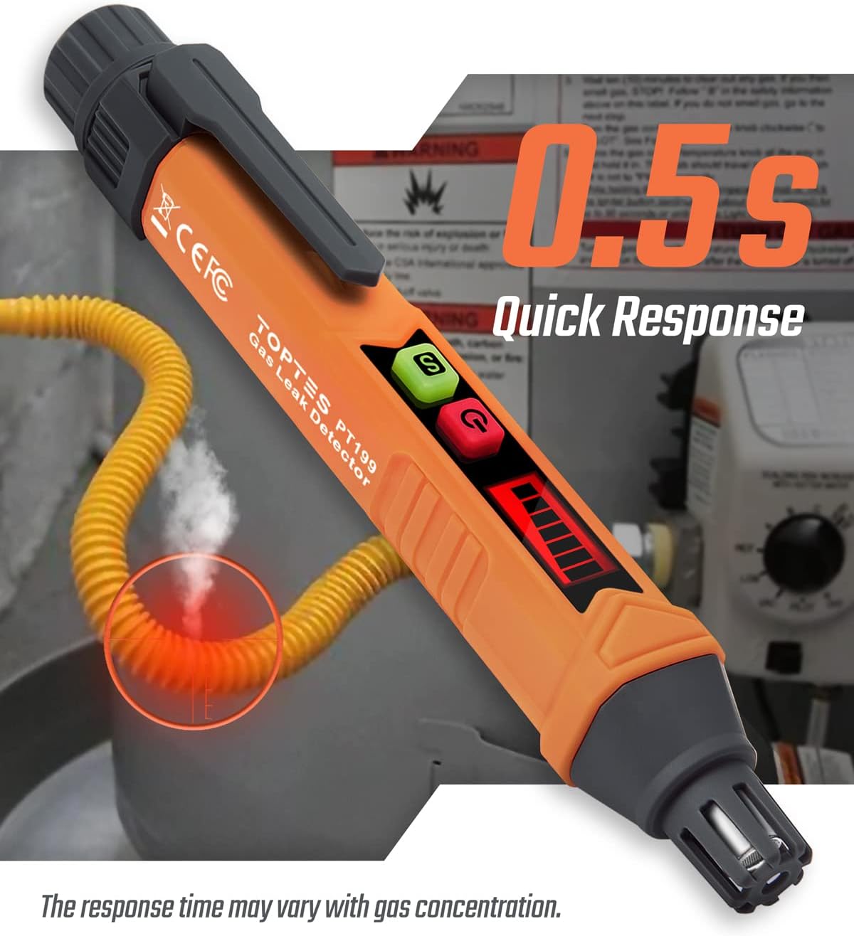 PT199 Detector de fugas de gas natural con alarma audible y visual, sniffer de gas portátil para localizar fuentes combustibles como metano, propano para el hogar (incluye batería x2), naranja