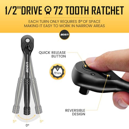 BOEN Juego de llaves de impacto de 1/2 pulgada, 72 piezas estándar SAE (5/16"-1-1/4") y métrico (0.315-0.945 in), kit profundo y poco profundo | Incluye mango de trinquete y adaptadores | Barra de