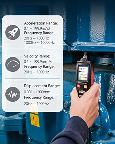 Wintact Medidor de vibración mecánico digital de mano, 0.01 ~ 199.9 mm/s, medidor de analizador de vibración mecánico, aceleración, velocidad, medición de desplazamiento para HVAC, motores, generadores
