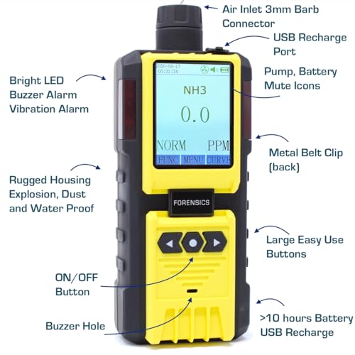 Analizador de amoníaco de Forensics | Calibración rastreable NIST de EE. UU. | Monitor NH3 | Registro de datos de computadora | Bomba incorporada y sonda de 4 pies | Resolución de 0.1 ppm | 	‎FD-600-NH3