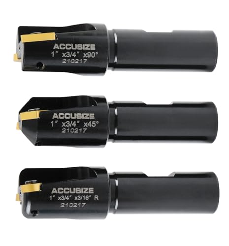 Accusize Industrial Tools Juego de 3 molinos de extremo Hogger Little Hogger, 45 grados, 90 grados y 3/16r con vástago de 3/4 pulgadas, cabeza de 1 pulgada, 0046-0700