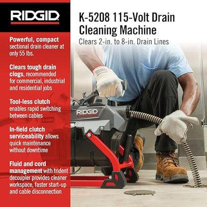 Ridgid 61693 K-5208, 115V 60Hz Máquina limpiadora de drenaje con manguera guía, 4 cables C-11, portador de cables seccionales y kit de caja de herramientas (con cortadores) Número de pieza	‎61693