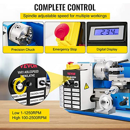 VEVOR Mini torno de metal, torno de metal de mesa de 7 x 14 pulgadas, torno de metal de velocidad variable de 550 W, 2250 rpm, con mini torno CNC de 3 mandíbulas, mini torno de precisión con pantalla