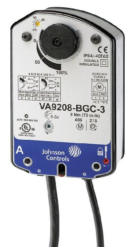 Johnson Controls VA9208-BGC-3 VA9208 Series Actuador eléctrico de retorno por resorte de encendido/apagado, 24 VAC, 2 SPDT, 5.0 A a 240 V, cable de electrodoméstico de 48 pulgadas 18 AWG, conector FMC integral de 3/8 pulgadas