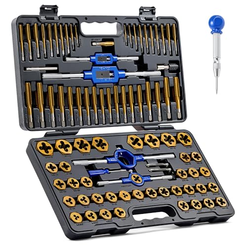 Orion Motor Tech 86 piezas, juego de tarrajas y machuelos en SAE y métrico, juego de tarrajas de acero con revestimiento de titanio y juego de herramientas de machuelo para mecánicos de hogares