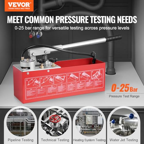 VEVOR Bomba de Prueba Hidrostática 25 Bar Kit de Probador de Presión de Agua Hidráulica Manual Doble Válvula con Tanque de Agua 10 L Manguera de 1,4m con Conector de Rosca Externa de 1/2" para Tubería