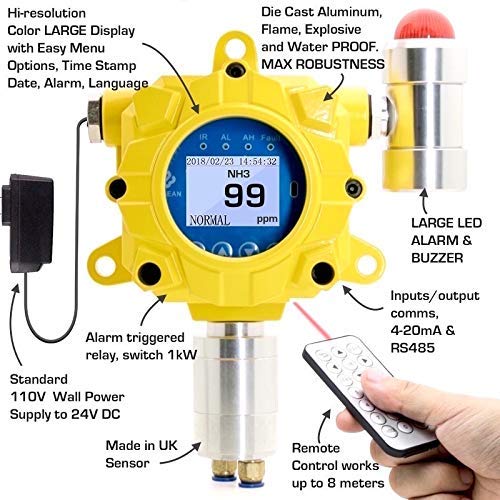 Detector de amoníaco de Forensics | Montaje en pared industrial | Calibración NIST de EE. UU. | A prueba de explosiones | Alarmas de luz y sonido ajustables | Salida de relé | 0-100ppm NH3 | ‎KE-AV44-BEKH