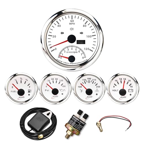 Juego de instrumentos marinos de calibre 5, luz indicadora blanca, 3-3/8 pulgadas, velocímetro GPS, tacómetro de 120 MPH, tacómetro de 8000 rpm, 2-1/16 pulgadas, medidor de combustible,