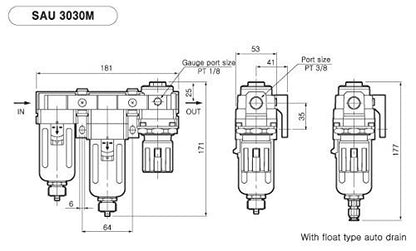 PneumaticPlus SAU3030M-N03G-MEP Sistema de secado de aire de tres etapas – Filtro de partículas de aire, filtro de coalescencia de 0,3 micrones y regulador de presión de aire Combo modular de 3/8 pulgadas NPT – drenaje manual, cuenco de metal