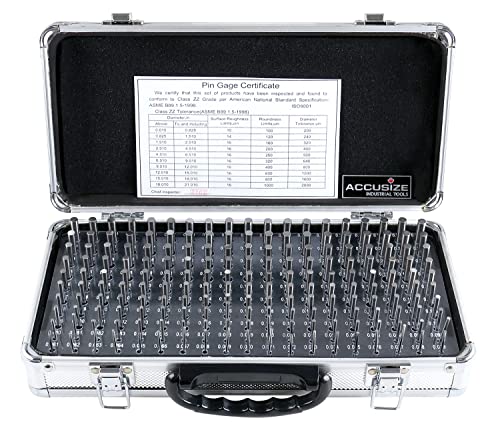 Accusize Industrial Tools - Juego de medidores de pines ZZ de precisión de 190 piezas, 0.061" a 0.250", 2" de longitud, tratado térmicamente, 60-62 RC, con caja de aluminio, M1(-) A