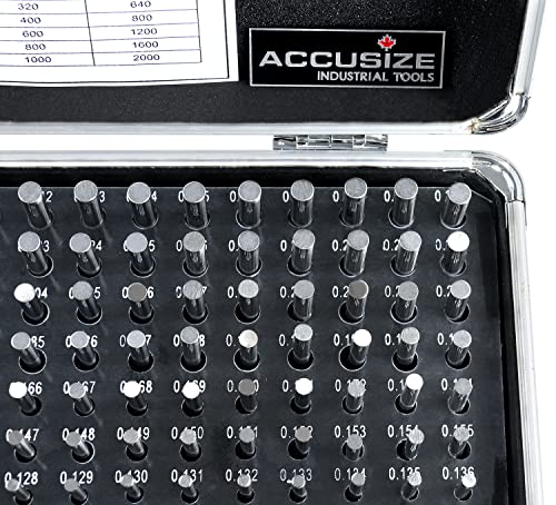 Accusize Industrial Tools - Juego de medidores de pines ZZ de precisión de 190 piezas, 0.061" a 0.250", 2" de longitud, tratado térmicamente, 60-62 RC, con caja de aluminio, M1(-) A