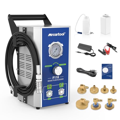MR CARTOOL F118 Kit de purgador de frenos eléctrico, máquina intercambiadora de aceite de líquido de frenos automotriz de 110 V con 7 adaptadores de cilindro maestro para todos los vehículos