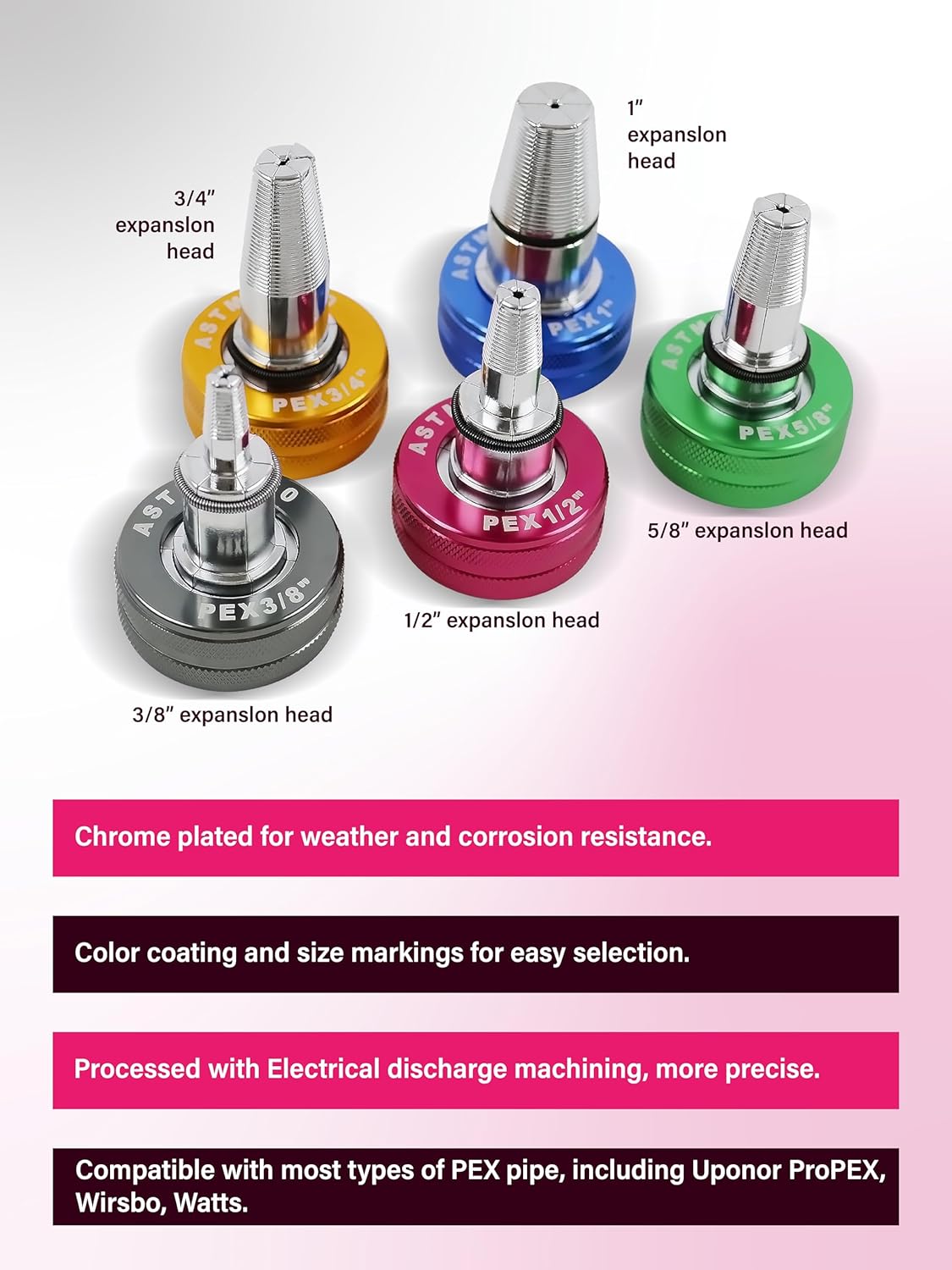AMZCNC PEX - Kit de herramientas de expansión manual para tubos ASTM F1960 Kit de herramientas de expansión PEX estándar con cabezales de expansión de 1/2", 3/4" y 1" para tuberías PEX-a - Incluye