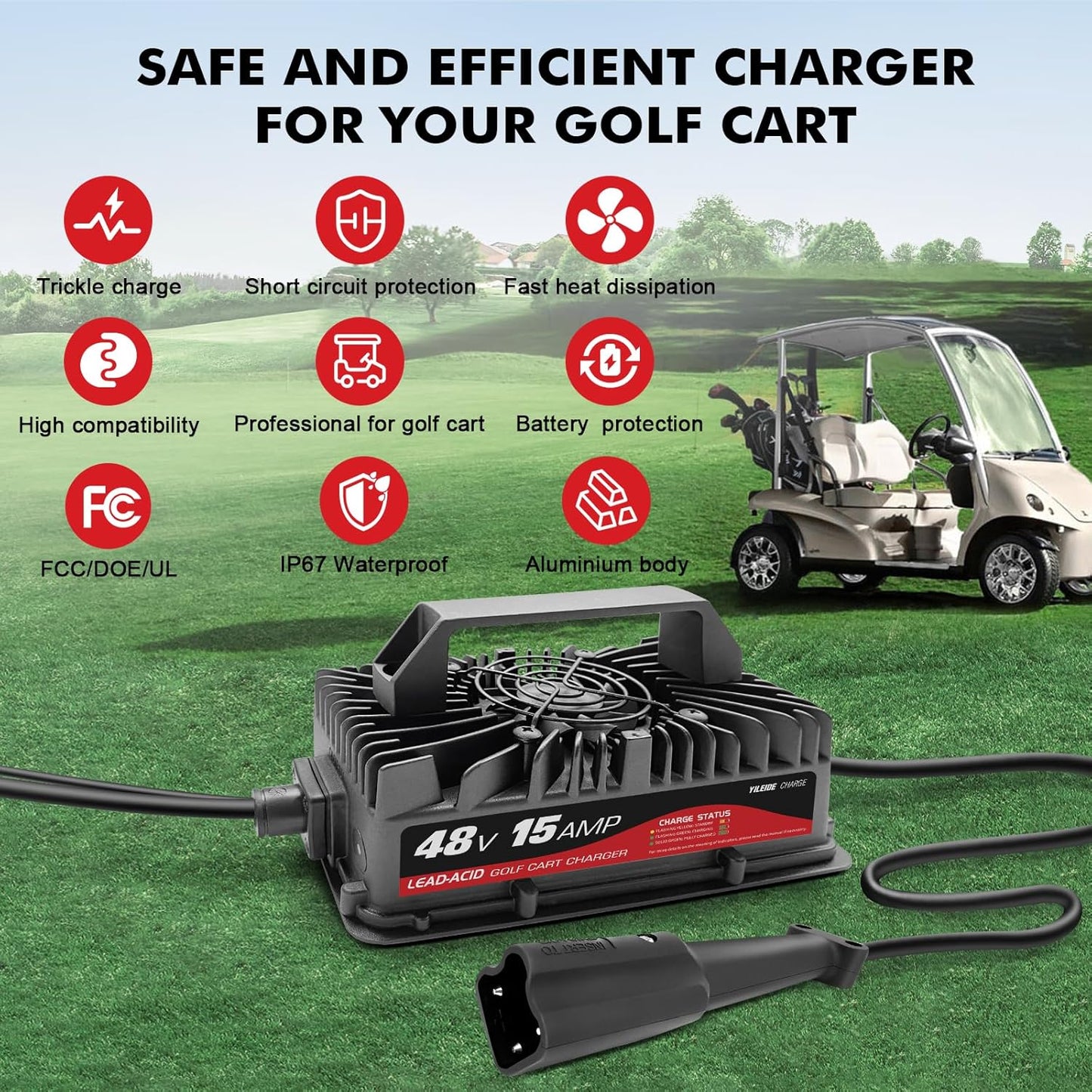 Cargador de carrito de golf de 15 amperios para EZGO y TXT de 48 voltios con enchufe Delta-Q de 3 pines