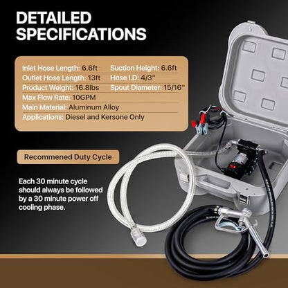 Kit de bomba de transferencia de caja de combustible portátil 10GPM/40LPM (solo para diesel) Heavy Duty Eléctrica autocebante DC 12V abrazaderas de cocodrilo incluye boquilla manual de