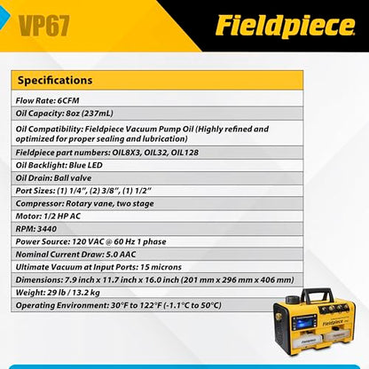 Fieldpiece Bomba de vacío VP67 – 6 CFM, motor CC de 1/2 HP, sistema de cambio de aceite RunQuick – Portátil – Herramienta profesional HVAC – Compatible con A2L