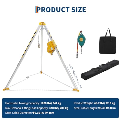 Kit de trípode de espacio confinado, cabrestante de 1200 libras, patas ajustables de 7 pies, cable de 98 pies, sistema de protección contra caídas de 33 pies, construcción de trípode de espacio