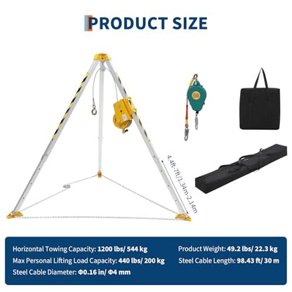 Kit de trípode de espacio confinado, cabrestante de 1200 libras, patas ajustables de 7 pies, cable de 98 pies, sistema de protección contra caídas de 33 pies, construcción de trípode de espacio