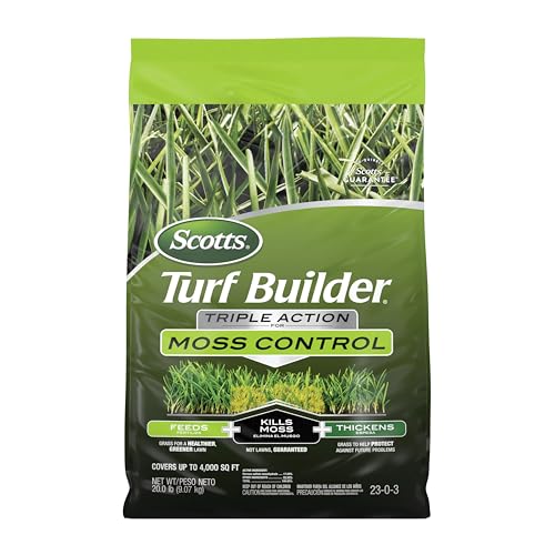 Scotts 38506 Turf Builder Triple acción para control de musgo, mata musgo y fertilizante para césped, cubre hasta 4,000 pies cuadrados, 20 libras.