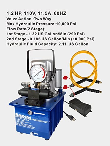 AMZCNC Bomba hidráulica eléctrica bidireccional 10,000 PSI, paquete de alimentación de 110 a 120 V, bomba de doble efecto de 2 etapas con acoplador rápido, enchufe y trabajo para cilindros hidráulicos, prensado, perforación
