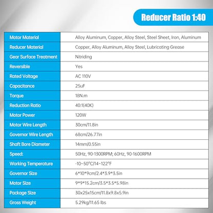 CNCTOPBAOS Motor de engranaje helicoidal de 120 W RV30 Relación de reductor 1:40 con controlador de gobernador de velocidad, motor de engranaje variable ajustable CW/CCW 90-1600RPM 110V, caja de