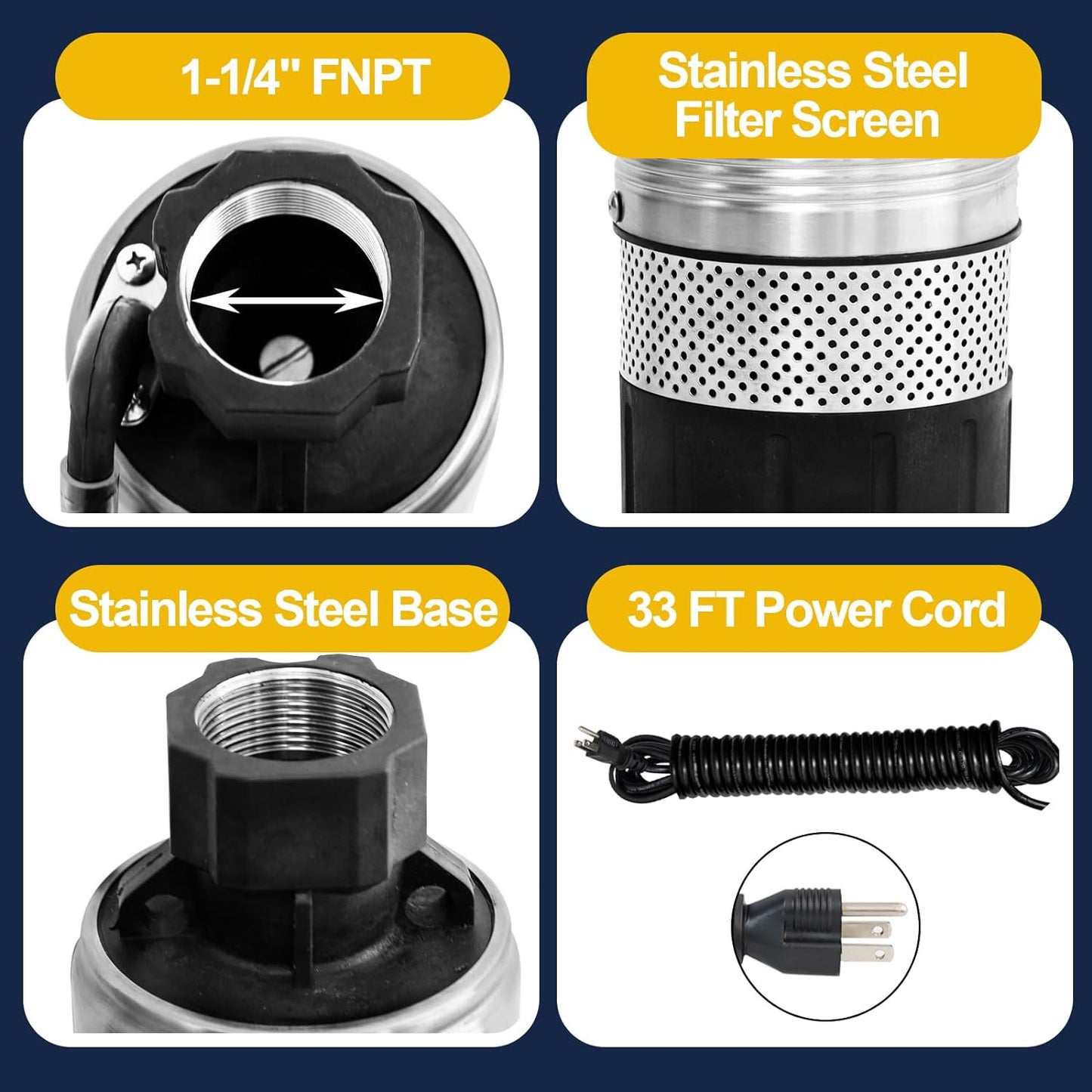 WASSERMANN Bomba séptica de 4 pulgadas con efluente sumergible/bomba de succión inferior de cisterna con cable de 33 pies, 1/2HP, 115V/60HZ, 26GPM, cabeza de 138 pies, bomba de pozo profundo de acero