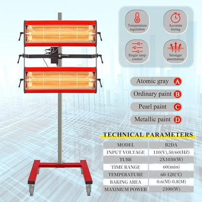 Lámpara de curado de pintura infrarroja Solary – Secador de pintura infrarroja de onda corta con temporizador para cabina de pulverización de pintura de coche, 2100 W