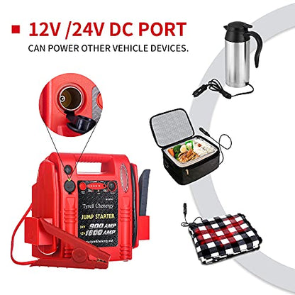 Arrancador de batería 12V/24V de 1800/900 amperios, paquete de refuerzo de batería de camión y cables de puente comerciales, incluye alimentación DC/USB para cargar teléfonos y tabletas, abrazaderas de batería de caja de salto