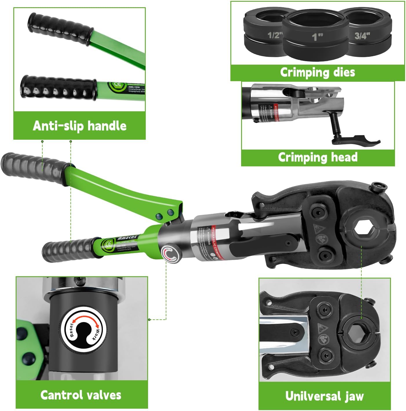 AMZCNC ProPress Tool - Accesorios de tubo de cobre hidráulica para prensar tubos de cobre con mordazas de 1/2 pulgadas, 3/4 pulgadas y 1 pulgada, pinzas de prensado de tubos de cobre, adecuado para