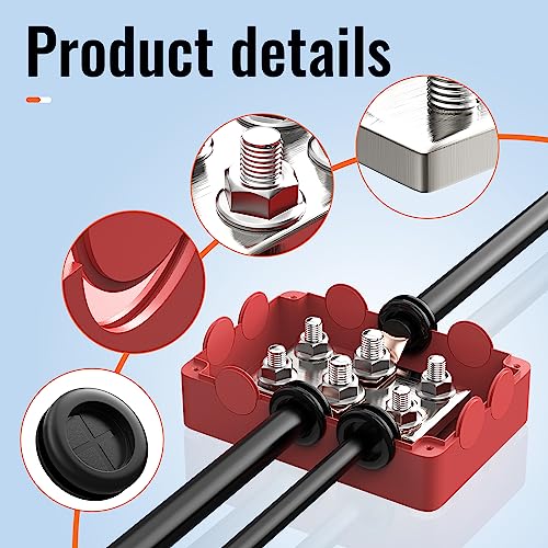 Joinfworld Bloque de distribución de energía impermeable de barra de bus de 500 A resistente al agua con 4* 5/16 "(M8)+2* 3/8 "(M10) Studs 48V DC Bloque de distribución de terminales de batería marina