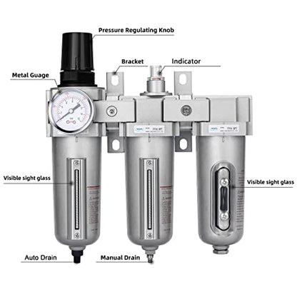 NANPU Sistema de secado de aire NPT de grado industrial de 3 etapas, filtro de partículas, filtro coalescente, secador desecante y regulador de aire, cuenco de metal, drenaje automático, apto para spray de pintura y cortador de plasma ‎ FRPD44-D