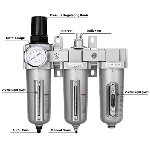 NANPU Sistema de secado de aire NPT de grado industrial de 3 etapas, filtro de partículas, filtro coalescente, secador desecante y regulador de aire, cuenco de metal, drenaje automático, apto para spray de pintura y cortador de plasma ‎ FRPD44-D