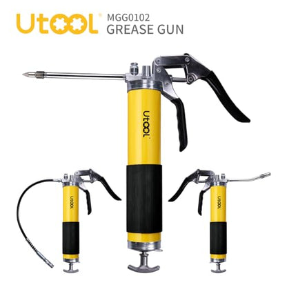 UTOOL - Pistola de engrase, 8000 PSI, kit de pistola de engrasar de alta resistencia con capacidad de 14 onzas, manguera flexible de resina de 18 pulgadas, 2 acopladores básicos, 2 tubos rígidos de