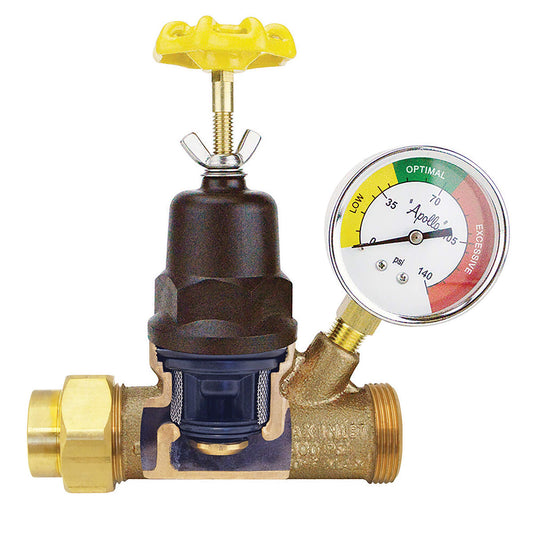 Apollo Regulador de presión de agua roscado de doble unión de bronce de 3/4 "con manómetro