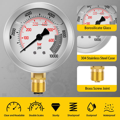 Kit de prueba de presión hidráulica con 5 indicadores (máximo 10000 PSI), 13 acoplamientos de prueba, 14 conectores en T, 5 mangueras de prueba, juego de probador de calibre hidráulico para