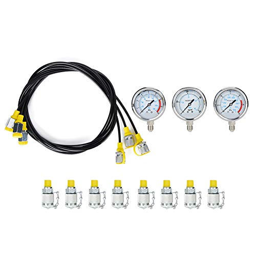 Kit de prueba de presión hidráulica que incluye 3 medidores de presión, 8 conectores y 3 mangueras, herramienta de prueba de presión de equipos hidráulicos para aceite