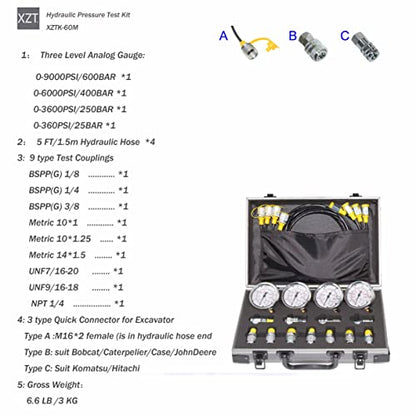XZT Juego de manómetros de presión hidráulicos de 60 m, manguera de prueba, kit de acoplamiento de prueba de presión hidráulica, herramientas de reparación hidráulica para EE.UU., maquinaria de construcción de excavadoras de marca europea