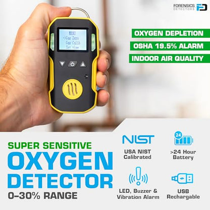 FORENSICS DETECTORS - Detector de oxígeno de Forensics | Calibración y certificado NIST de EE. UU. | A prueba de polvo y explosiones | Recarga USB | Alarmas de sonido, luz y vibración | 0-30% O2 | Model: FD-90A-O2