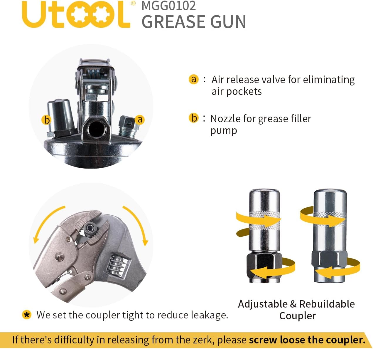 UTOOL - Pistola de engrase, 8000 PSI, kit de pistola de engrasar de alta resistencia con capacidad de 14 onzas, manguera flexible de resina de 18 pulgadas, 2 acopladores básicos, 2 tubos rígidos de