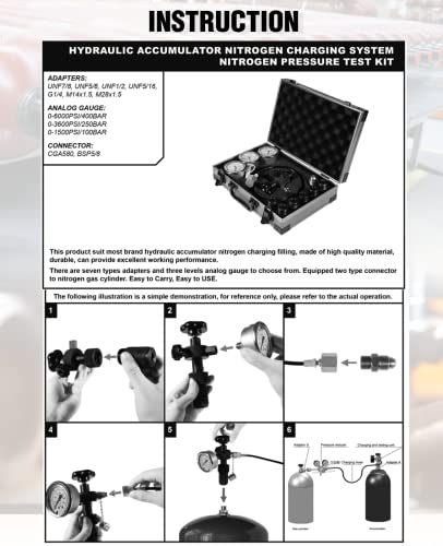 Kit de prueba de medidor de presión de nitrógeno hidráulico GK-01, herramientas de carga de gas acumulador de nitrógeno, kit de inflado de nitrógeno, 0-400 BAR/6000 PSI, con 7 acoplamientos, 3