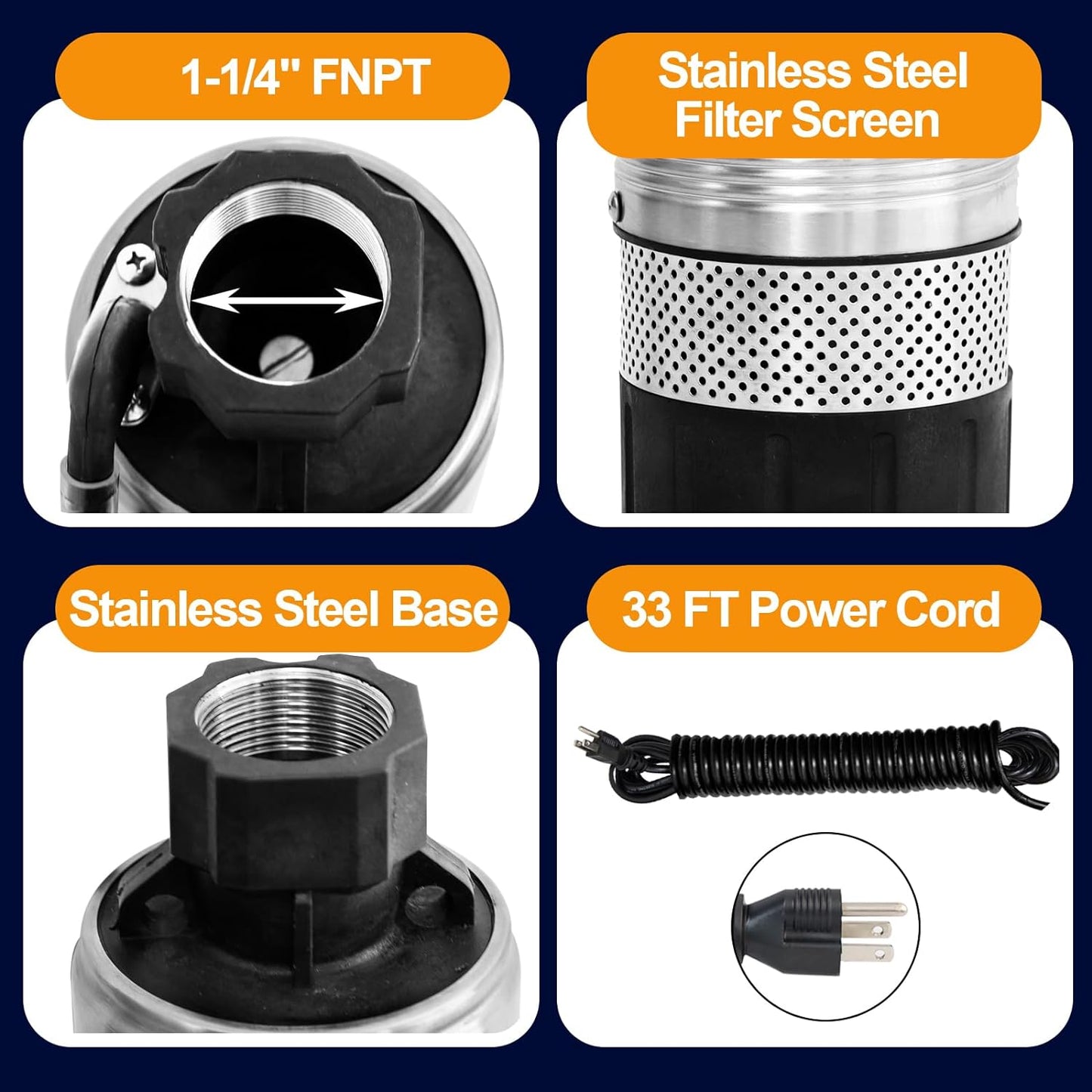 WASSERMANN Bomba séptica de 4 pulgadas con efluente sumergible/bomba de succión inferior de cisterna con cable de 33 pies, 1/2HP, 115V/60HZ, 26GPM, cabeza de 138 pies, bomba de pozo profundo de acero