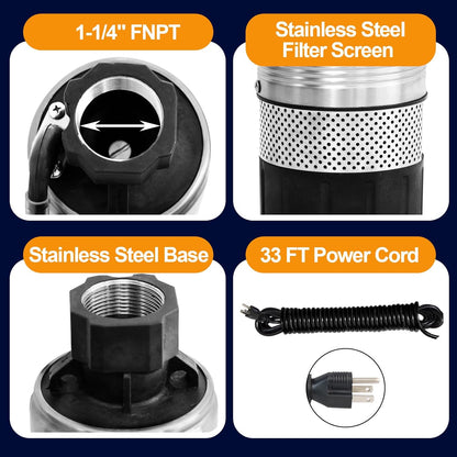 WASSERMANN Bomba séptica de 4 pulgadas con efluente sumergible/bomba de succión inferior de cisterna con cable de 33 pies, 1/2HP, 115V/60HZ, 26GPM, cabeza de 138 pies, bomba de pozo profundo de acero