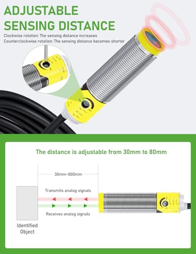 DIHOOL Sensor de proximidad fotoeléctrico, interruptor de movimiento láser, IP65 impermeable, normalmente abierto NPN NO, M16, 3 cables, entrada de 12V/24V (10-30VDC), distancia de detección ajustable